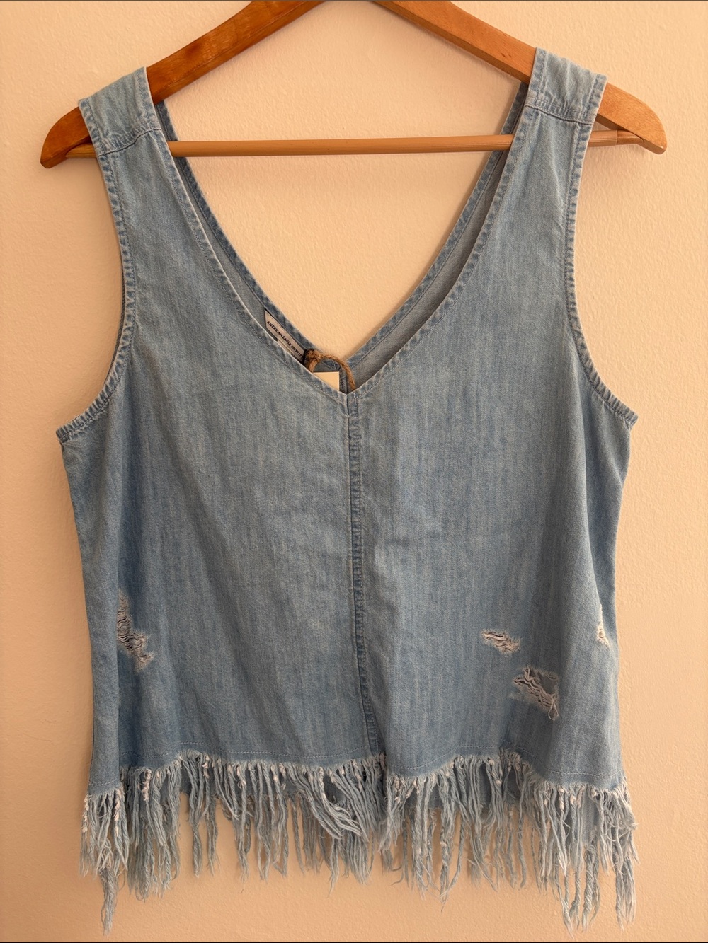 American Eagle Outfitters Light Blue Denim Fringe Tank